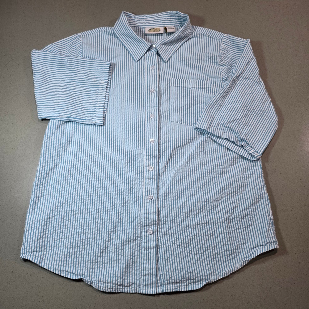 Collections Etc Womens Blue White Striped Seersucker Button Down Shirt Large